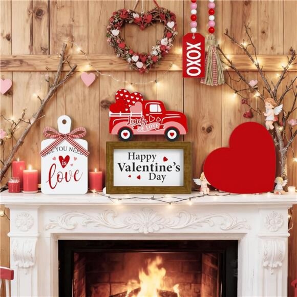 Valentine's Day Tiered Tray Decor Set 5 Pcs Heart Wooden Signs XOXO Bead - Picture 6 of 8